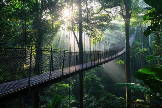 Suspension Bridge Through Lush Green Rainforest with Sun Rays Filtering Through Canopy Walkway Among Tall Trees in a Jungle Environment for Nature Adventure and Travel