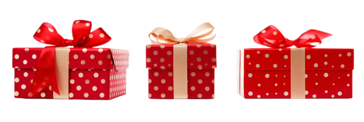 Three red polka dot gifts with ribbons and bows on a in a horizontal arrangement transparent background png