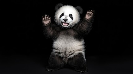 Adorable baby panda standing upright, paws raised in joyful pose against black backdrop.  A cute and playful image of a young panda