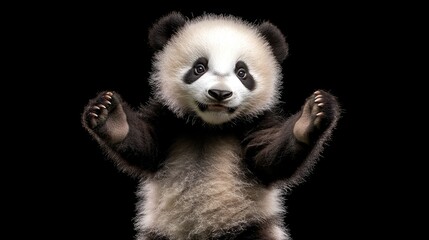Playful panda cub, paws raised,  against black background.  Close-up,  cute expression