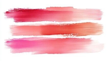 Obraz premium Three Horizontal Watercolor Brushstrokes in Shades of Pink Red and Orange on White Background with Textured Finish