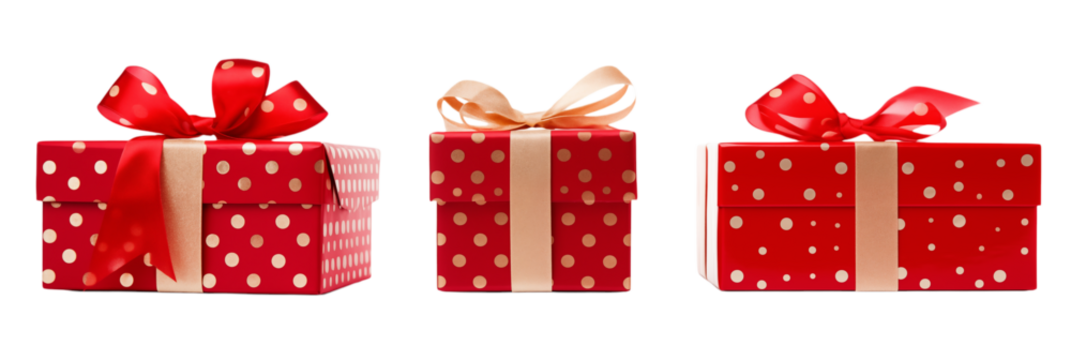 Three red polka dot gifts with ribbons and bows on a in a horizontal arrangement transparent background png - Powered by Adobe