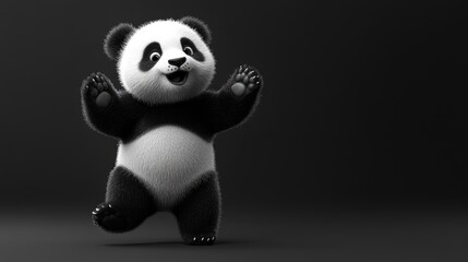 Cute cartoon panda bear,  joyful pose,  full body,  fuzzy fur,  black and white,  studio shot