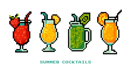 Summer cocktails set with fruits and straws in retro 8 bit style pixel art with strawberry, orange, kiwi, tropical drinks isolated on white, menu, game design, apps, stickers, social media. Vector