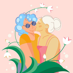 Romantic LGBTQ Women Kissing in Floral Design. lesbian couple sharing a tender kiss surrounded by blooming flowers, symbolizing love, pride, and inclusivity in modern vector art style
