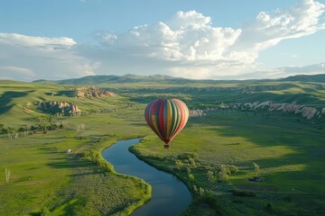 Fototapeta premium Vibrant Hot Air Balloon Soaring Over Serene River and Lush Green Meadow Against Cloudy Blue Sky in a Picturesque Landscape