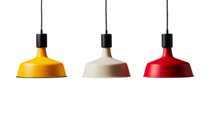 Three pendant lights in yellow white and red hanging against a dark black studio backdrop scene view transparent background png