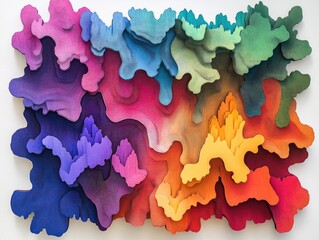 Vibrant layered paper art installation showcasing intricate color gradients and organic puzzle shapes creating a captivating visual