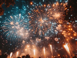 Vibrant memorial day fireworks explode against the dark night sky creating a dazzling display of light and color