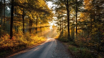 Obraz premium Serene Road Through Golden Forest with Sunlight Filtering Through Trees
