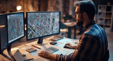 Focused man reviewing city maps on dual monitors in a modern workspace.  He's intently studying detailed aerial views of urban infrastructure.  Documents and a calculator are on the desk