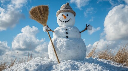 Snowman with broom under a vibrant blue sky