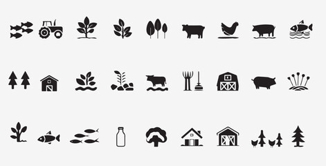 Farm Animals and Nature Icons Black Glyph editable vector icon Set