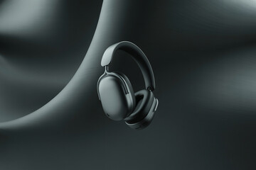 Wireless headphones floating against a dark gray background.