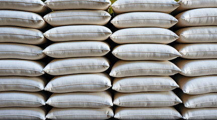 Neatly Stacked White Cushions Arranged in Rows on a Soft Surface for Modern Decor
