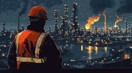 Worker at night overlooking a large industrial complex