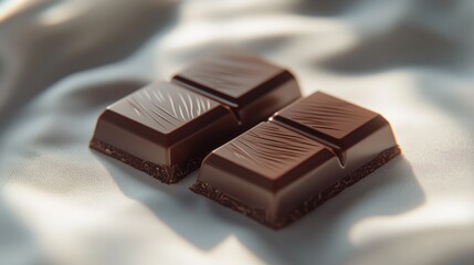 Dark chocolate squares on a white cloth