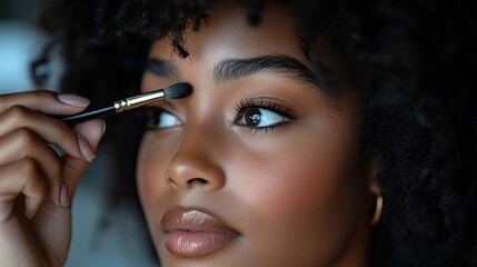 Obraz premium Close up of woman applying makeup with a brush to her eyelid in a beauty and fashion setting