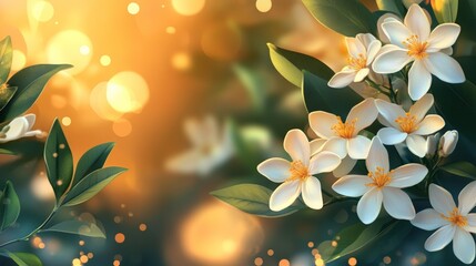 Delicate white flowers bloom in golden light