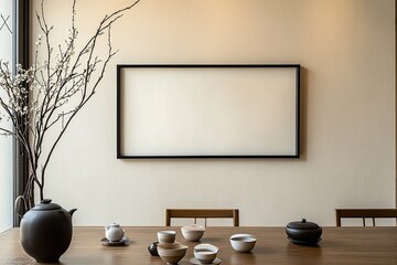 Simple, minimalist, elegant room with a blank framed art piece, and teaware on a wooden table, against a beige wall.  A small branch of flowering plants on a wall shelf