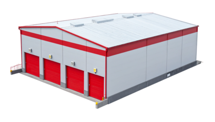 Isometric industrial warehouse with bold red doors, clean architectural lines, and a transparent background for versatile use Png