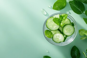 Fresh cucumber slices and basil leaves in a glass bowl