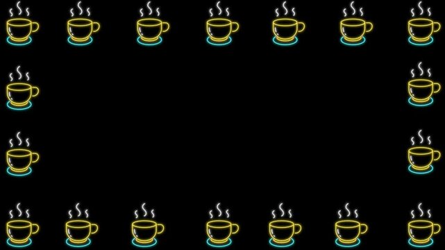 Hot tea or coffee cups neon ions frame design.