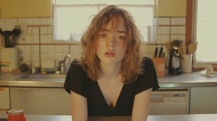 Young woman in a kitchen, contemplative expression