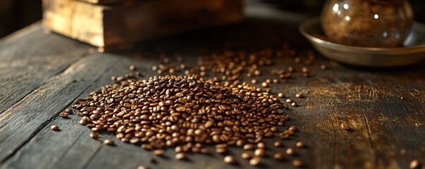 Roasted coffee beans on a rustic wooden table