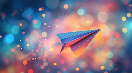 Colorful paper airplane soaring through a vibrant bokeh background