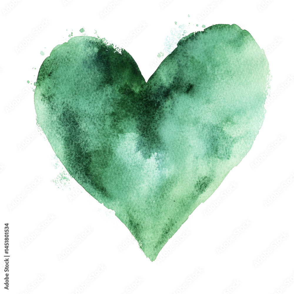Poster watercolor heart in verdant hues conveys a sentiment of flourishing affection on a pure backdrop