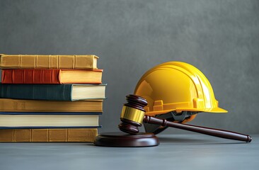 Legal and construction themed still life. Books and a gavel sit next to a hard hat