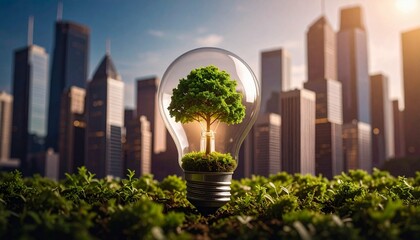 Eco Tree in Light Bulb Against City Skyline AI Generated


