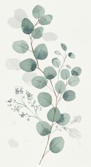 Obraz premium Delicate watercolor illustration featuring a loose arrangement of Sage-green botanical elements, specifically focusing on soft, semi-transparent eucalyptus leaves and subtle dusty miller sprigs