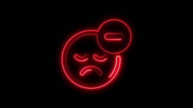 Glowing red neon sad face with minus sign in black background
