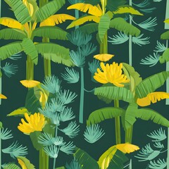 Seamless tropical foliage illustration thai inspired flat minimalist design lush environment nature concept