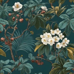 Seamless floral pattern of thai tropical flora and japanese elements vibrant nature artwork lush environment aesthetic viewpoint