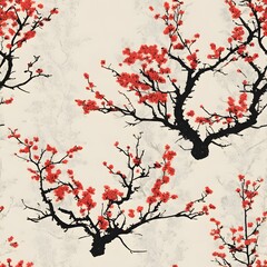 Seamless blend of thai tree silhouettes and japanese cherry blossoms nature pattern design tranquil environment artistic viewpoint