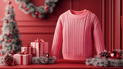 Pink Christmas sweater on a red surface with gifts and decorations