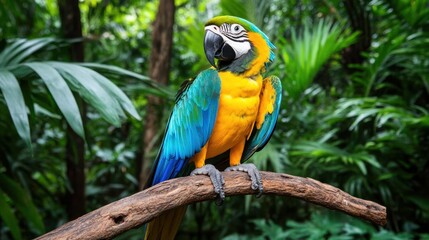 Obraz premium A vibrant Macaw parrot perched gracefully on a branch amidst the lush greenery of the jungle.