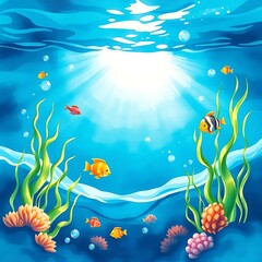 Fototapeta na wymiar tropical underwater world blue background with gold fishes