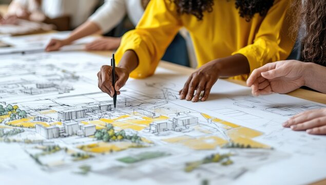 Diverse group of people collaborating on architectural drawings at a large table. Hands work on a detailed sketch, focusing on urban planning layout - Powered by Adobe