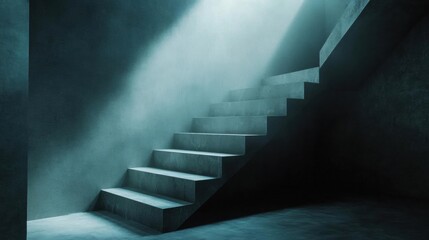 Fototapeta premium Set of stairs in an empty room with a dark and gloomy atmosphere. the stairs are made of concrete and are arranged in a straight line, with the top step slightly higher than the bottom step.