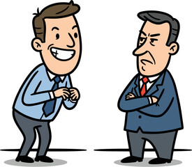 Cartoon Vector Illustration of Sycophantic Employee Flattering Angry Boss in Office Setting