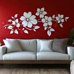 Red wall, white floral decor, white sofa, living room