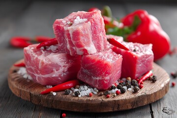 Fresh raw pork meat cubes on a rustic wooden board with red chili peppers, black spices, and fresh red bell peppers in the background, isolated to symbolize cooking preparation.