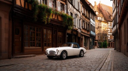 Classic Car in Charming Historic Street of Strassbourg, France