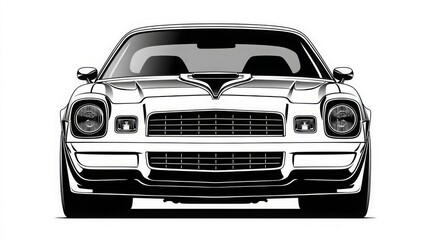 Classic Muscle Car Front View Illustration in Monochrome Style
