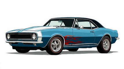 Classic Muscle Car in Blue and White with Flame Design
