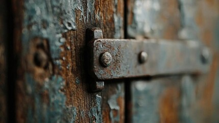 Close-up of a rusty metal latch on a wooden door. the latch is made of metal and has two screws on it. the wood appears to be weathered and aged, with peeling paint and rust visible on the surface.